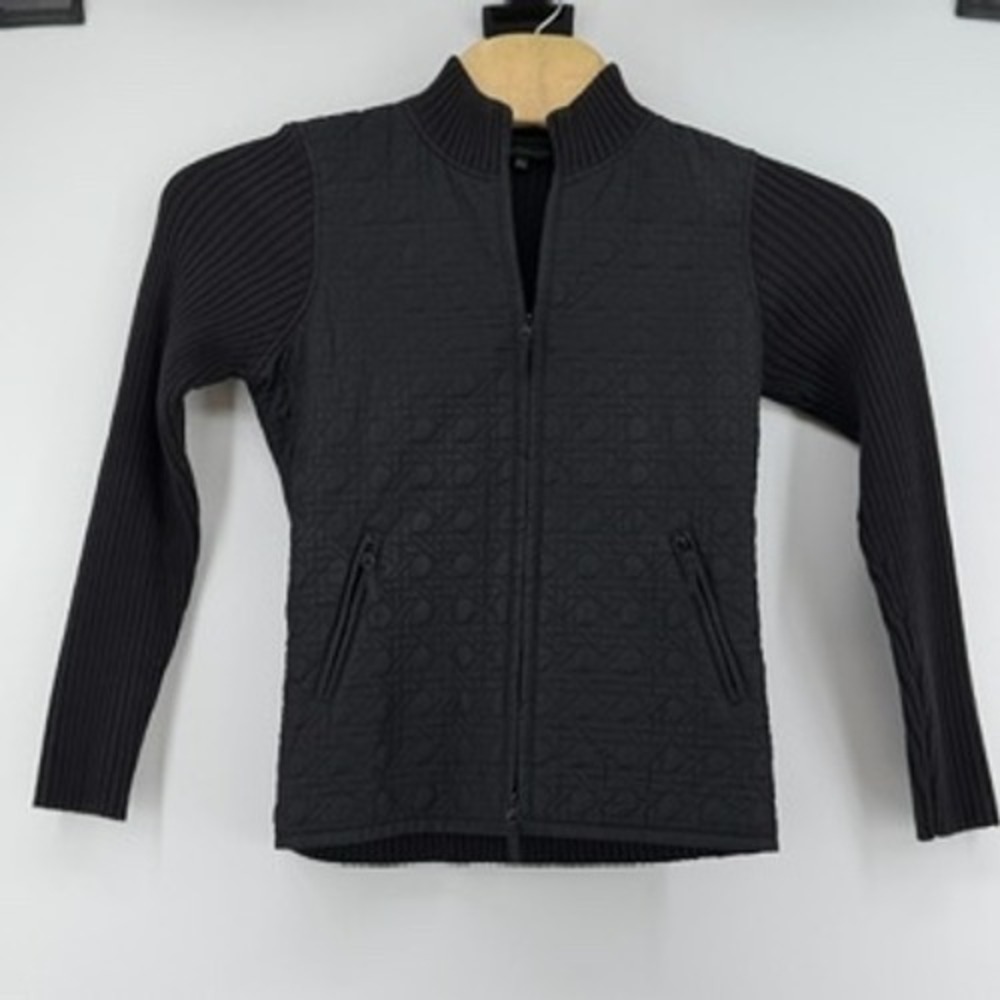 Harve Benard M Black Quilted Vest Ribbed Knit Sleeve Zip Up Mock Neck Jacket